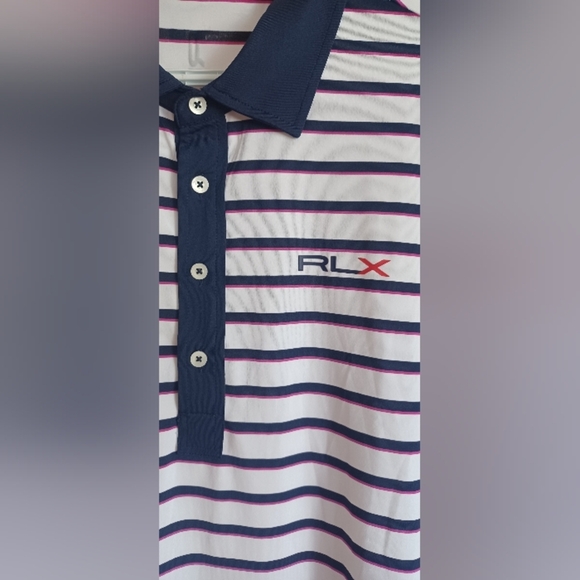 RLX Ralph Lauren Men's XL Navy/White/Magenta Striped Polo Golf Shirt - Picture 2 of 9
